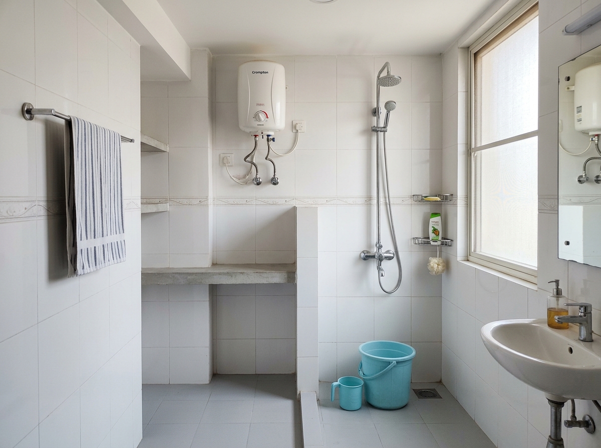 Clean Bathroom with 24/7 Hot Water Geyser
